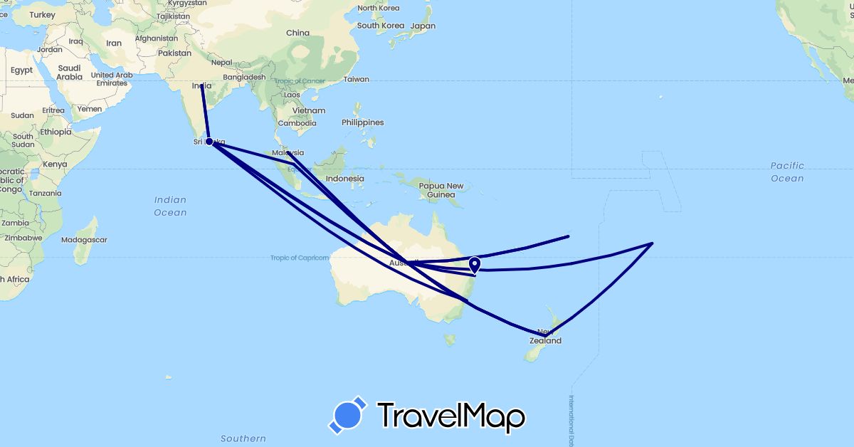 TravelMap itinerary: driving in Australia, Cook Islands, Fiji, Indonesia, India, Sri Lanka, Malaysia, New Zealand, Singapore (Asia, Oceania)